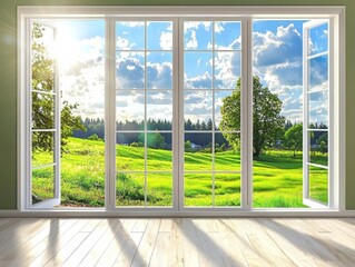 Fototapeta premium Open Window View of Sunny Green Field, Trees, and Blue Sky