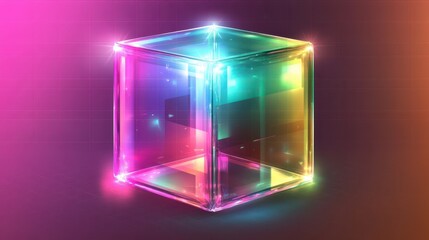Glowing transparent cube with multicolored neon lights in abstract digital design