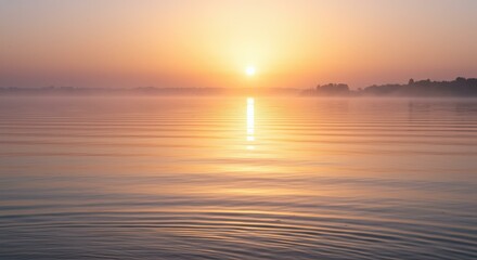 Fototapeta premium Romantic Serene Sunrise Calm Water Gentle Ripples Soft Orange Purple Sky - Promotions Couple Retreats