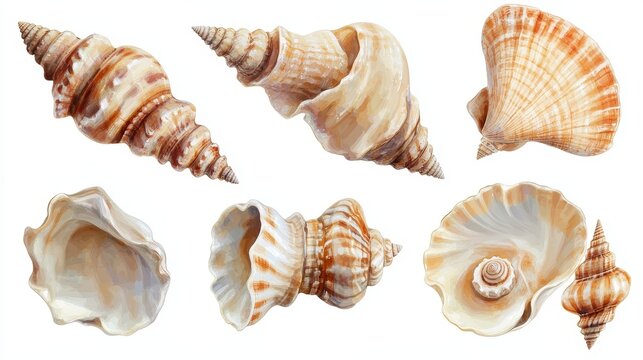 Collection of various spiral and fan shaped sea shells with brown and cream patterns