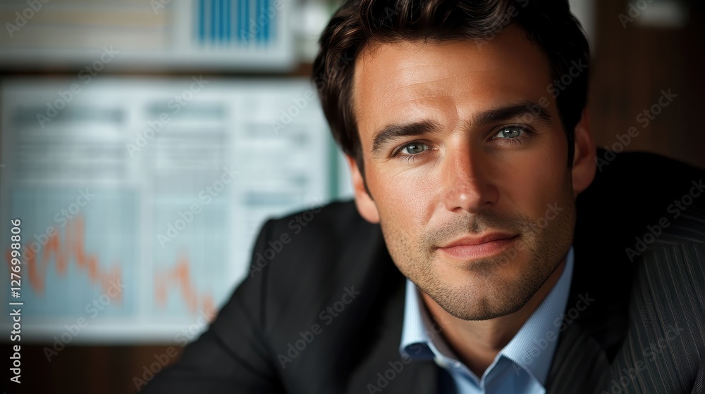 Aufkleber financial analyst reviewing stock market data in modern office environment with digital screens disp
