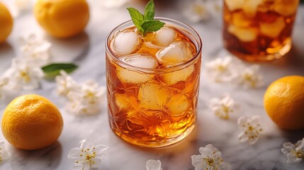 Iced tea with mint leaves and lemons refreshing summer beverage. Generative AI