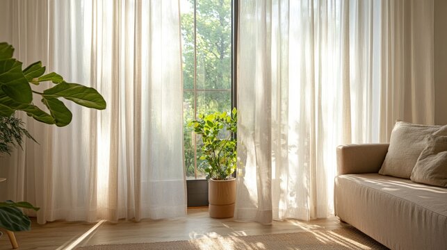 Bright And Airy Living Room With Plants And Sheer Curtains
