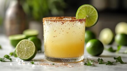Fototapeta premium Tasty Margarita with Lime and Chilli Salt Rim. Generative AI