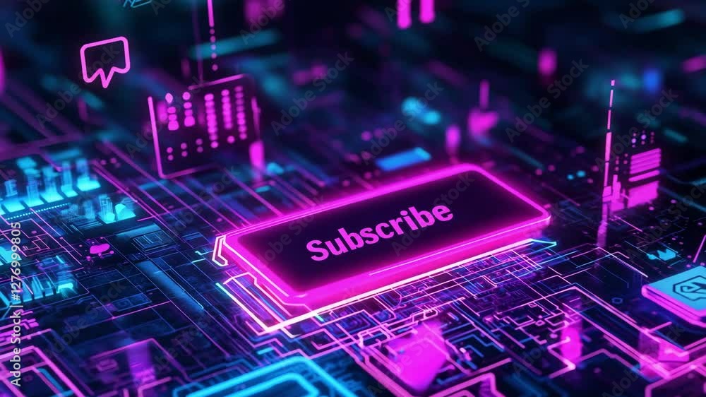 Poster an engaging digital environment highlights a bold subscribe button amidst glowing circuit patterns