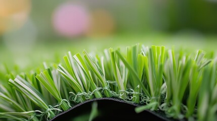Close-up of artificial grass blades with blurred green background for landscaping concept