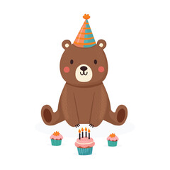 Birthday  bear with cupcakes flat vector illustration isolated on white background