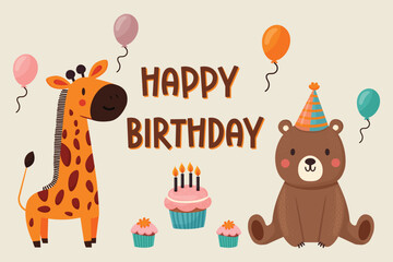 Happy Birthday card with cute bear and giraffe flat vector illustration