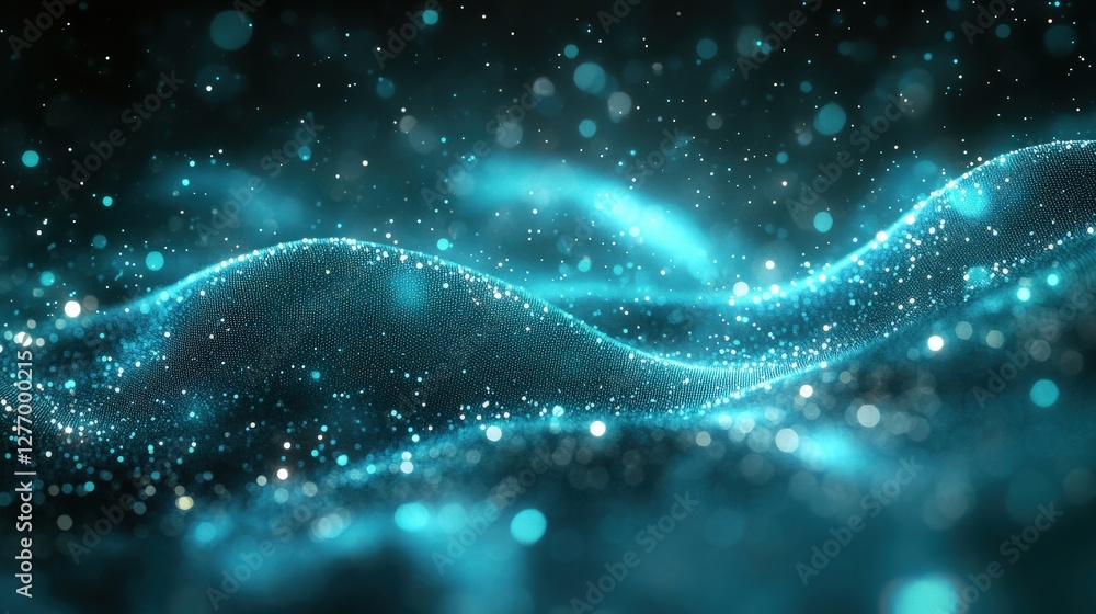 Aufkleber abstract representation of flowing waves with glowing particles in a dark, cosmic background