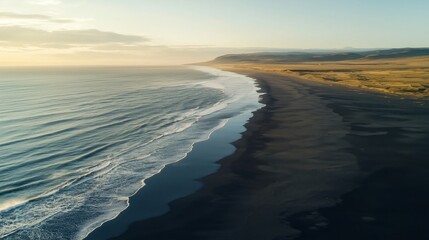 Aerial Panorama of a Secluded Black Sand Beach with Glistening White Waves at Dawn, Under a Softly Lit Azure Sky, Ideal for Capturing the Essence of Coastal Tranquility