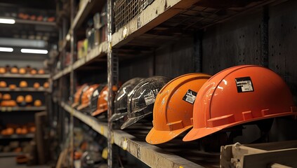 Fototapeta premium A row of construction helmets in various colors is displayed on the shelf