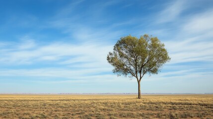 Fototapeta premium Isolated Green Tree Against Blue Sky in Open Field Landscape