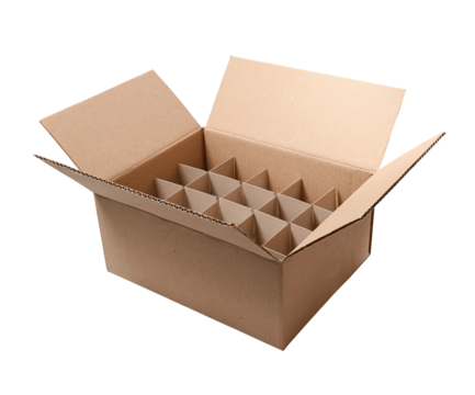 Cardboard box with partitions inside isolated on white background. Box for safe transportation of fragile items, glass bottles.