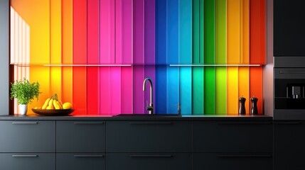 This modern kitchen features a stunning rainbow backdrop with colorful vertical panels, combining bold hues to create an uplifting and lively environment.
