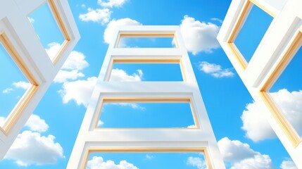 Apartment building looking skyward; blue sky, clouds background. Architecture or home sales