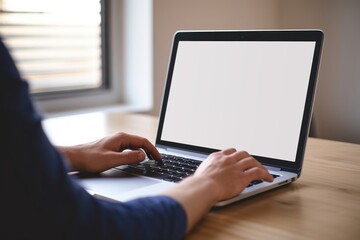 Typing hands laptop blank screen