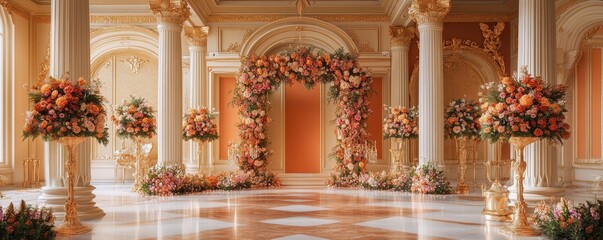 Luxurious ballroom with elegant floral arrangements and ornate decorations
