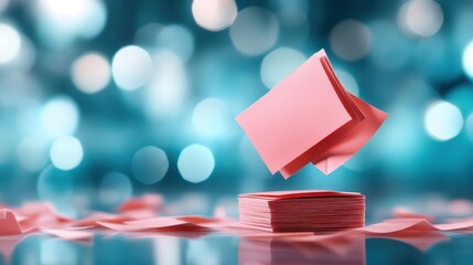 A whimsical display of floating pink sticky notes against a dreamy blue bokeh background, symbolizing creativity, ideas, and the simplicity of organization.