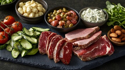 A beautifully arranged gourmet meal featuring assorted meats, fresh vegetables, and dips on a slate platter