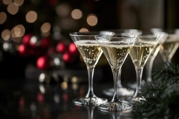 A row of champagne glasses filled with sparkling wine in an elegant setting