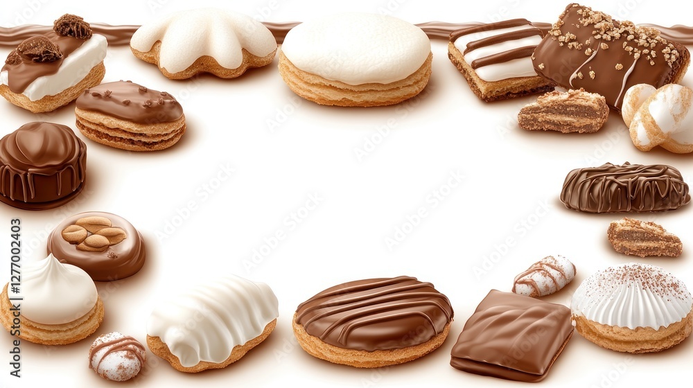Poster assorted chocolates and sweets arranged artistically for an appealing and inviting confectionery dis