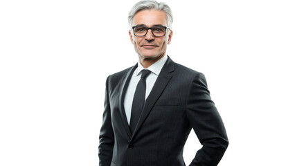 Senior CEO with silver hair, elegant black suit, direct eye contact, wise and trustworthy, high-resolution, isolated PNG