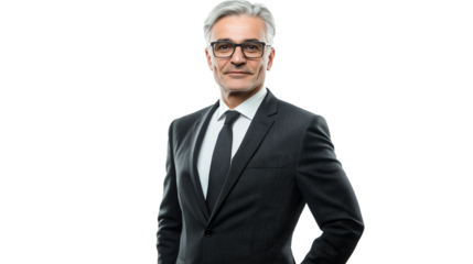 Senior CEO with silver hair, elegant black suit, direct eye contact, wise and trustworthy, high-resolution, isolated PNG