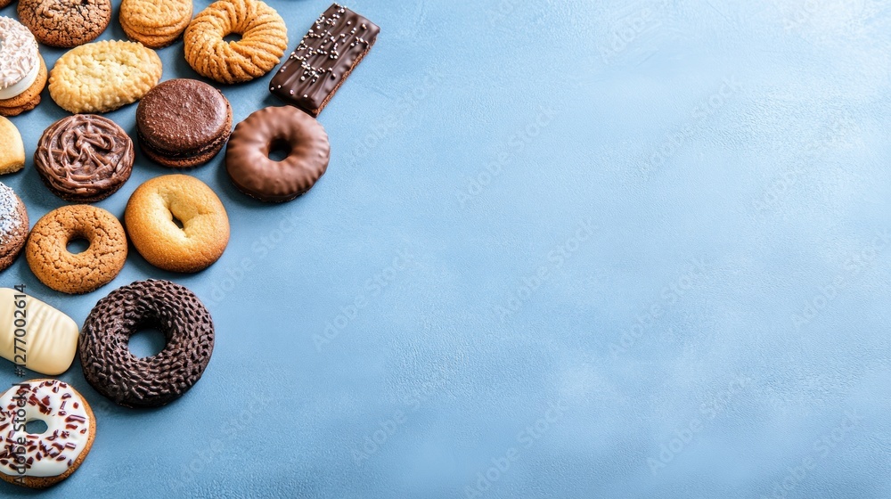Poster assorted cookies on a table. for website or cooking blog. blue surface background