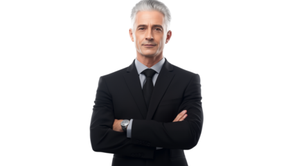 Senior CEO with silver hair, elegant black suit, direct eye contact, wise and trustworthy, high-resolution, isolated PNG
