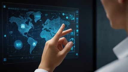 Person Interacting with Digital World Map on Futuristic Touchscreen Device