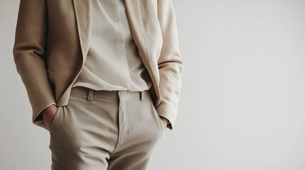 Young entrepreneur in a beige blazer, relaxed but confident posture, soft lighting, modern corporate aesthetic