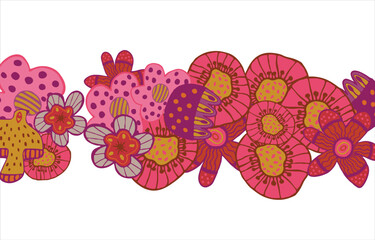 Fashionable frame of flowers. Spring background design, colorful bright flowers, decorative beautiful garden. Place for text. Design for postcard, invitation, web. Vector illustration