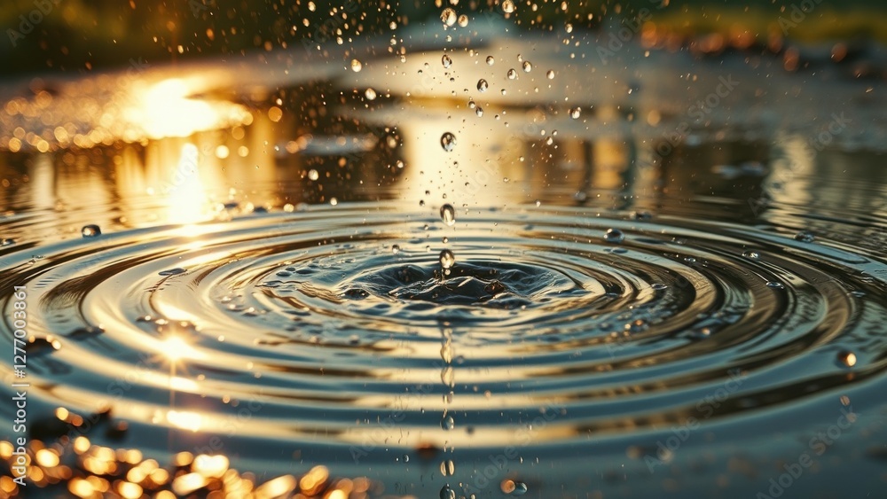 Aufkleber A raindrop falling into water, creating ripples and splashes, with the sun setting in the background.