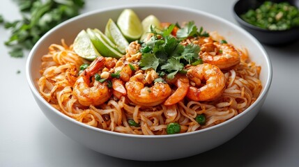 Shrimp Pad Thai with Lime and Peanuts on Top. Generative AI