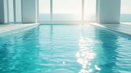 Indoor pool overlooking ocean at sunset with modern large windows and calming atmosphere