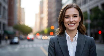 Obraz premium beautiful smile woman wearing a business suit, standing in the city, sunshine, with a little bit of blurred background with copy space