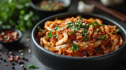 Korean Kimchi Stir-Fry with Rice and Garnishes. Generative AI