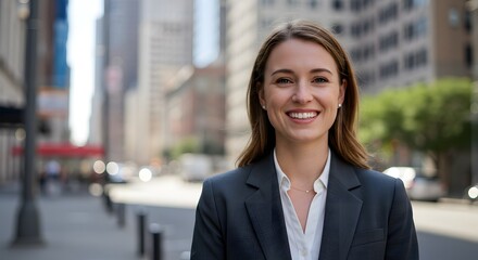 beautiful smile woman wearing a business suit, standing in the city, sunshine, with a little bit of blurred background with copy space