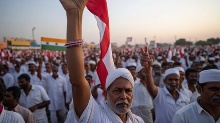 A large crowd waves Indian flags as they stand united in purpose, marked by a shared sense of patriotism and vibrant energy.