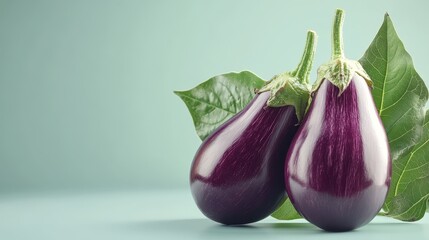 Fresh eggplants with leaves on light green background close-up