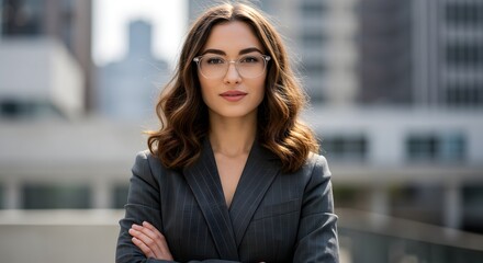 beautiful smile woman wearing a business suit, standing in the city, sunshine, with a little bit of blurred background with copy space