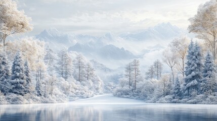 Snow-covered forest with tranquil lake and majestic mountain range in winter wonderland