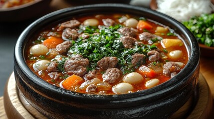 Beef stew with vegetables and herbs in a traditional stone pot. Generative AI