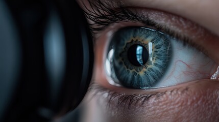 Naklejka premium A detailed close-up of an eye examination reveals the intricate patterns of the iris and the precision of medical technology.