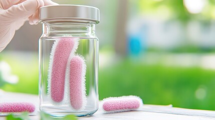 Bacteria study Pink microorganisms examined in a jar outdoors for environmental research