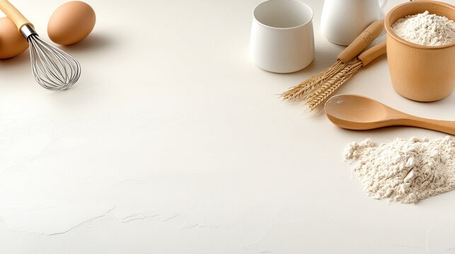 Baking ingredients composition on a white countertop for food blog or culinary lessons