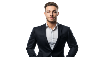 Sales executive in a sharp tailored outfit, persuasive and charismatic look