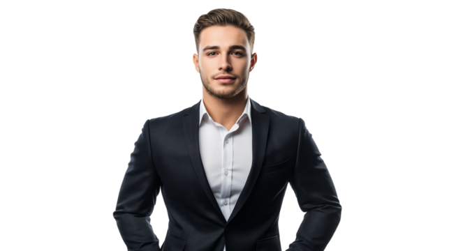 Sales executive in a sharp tailored outfit, persuasive and charismatic look