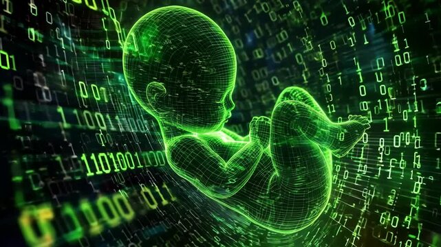 A developing fetus is visualized in glowing green surrounded by streams of binary code, reflecting a blend of technology and life