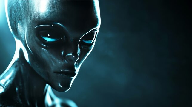 A silver alien with blue eyes stares at the camera